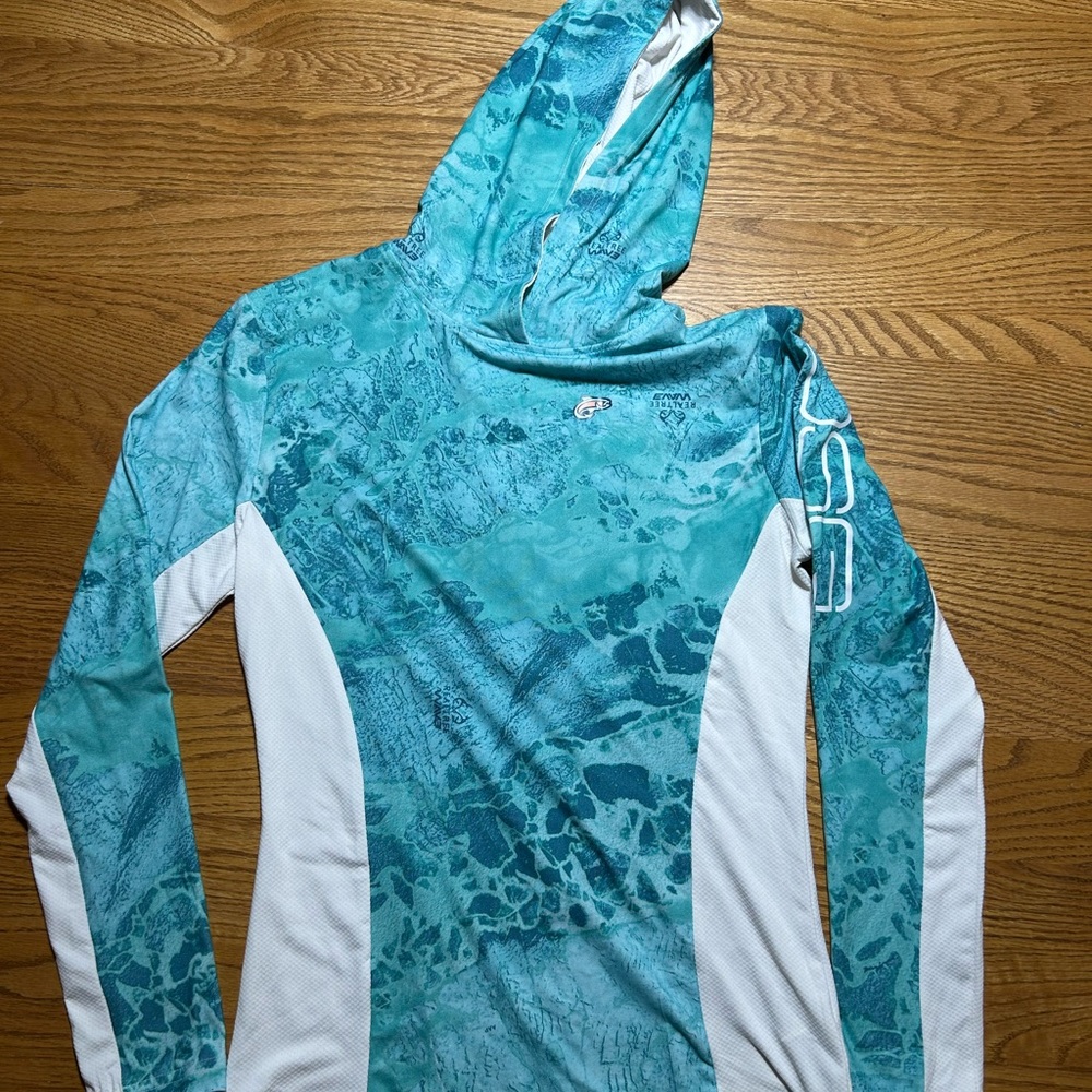 Women’s DSG Teal and White Hooded Long Sleeve Fishing Shirt Size XS
